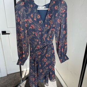 Elegant Long Sleeve Floral Dress in Blue and Pink